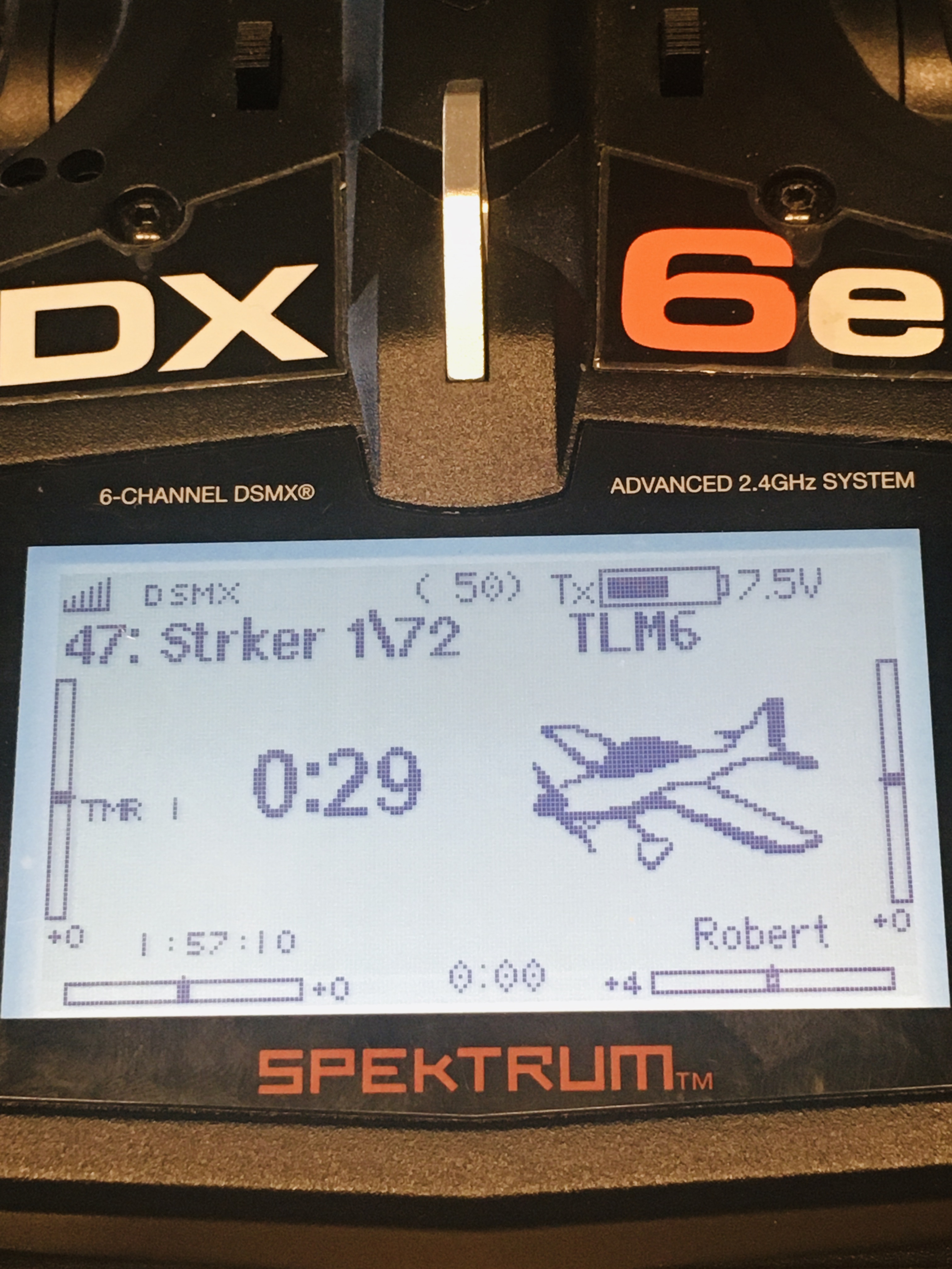 DSMX with Telemetry. Signal strength at the receiver upper left. Throttle run time standard feature.