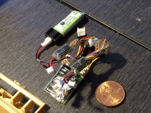 Panzer III has a small DSM2 6 channel RX from a Heli with 2 UM 1s ESC's and a small 1 cell lipo. This Tank will run wide open for 15 minutes with this 150 mah 1s lipo.