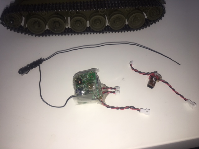 Top view of the receiver with 1.5 male\female JST connectors added. Now it is Plug and play and can be removed and or switched to another model in minutes. The on\off switch\LED is also PNP and is optional. If running in scale mode, switch is not used and battery is connected directly to receiver and mounted inside the tank for scale appearance in videos and such..