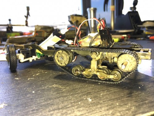 Left side is original parts but now with steel axle for idle wheels. Idle wheel axle will be trimmed.
