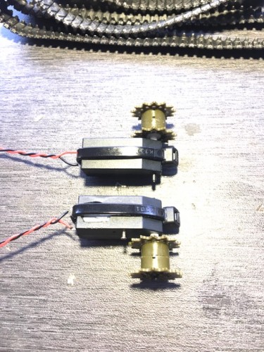 Complete dual MTM GB assemblies ready for installation. As seen here is a UNIVERSAL TAMIYA\ACADEMY CONFIGURATION to fit in a wide range of models by simply drilling one hole in each side of the Hull of any Tamiya model. Step 2, install stock drive sprocket using included poly bushing.