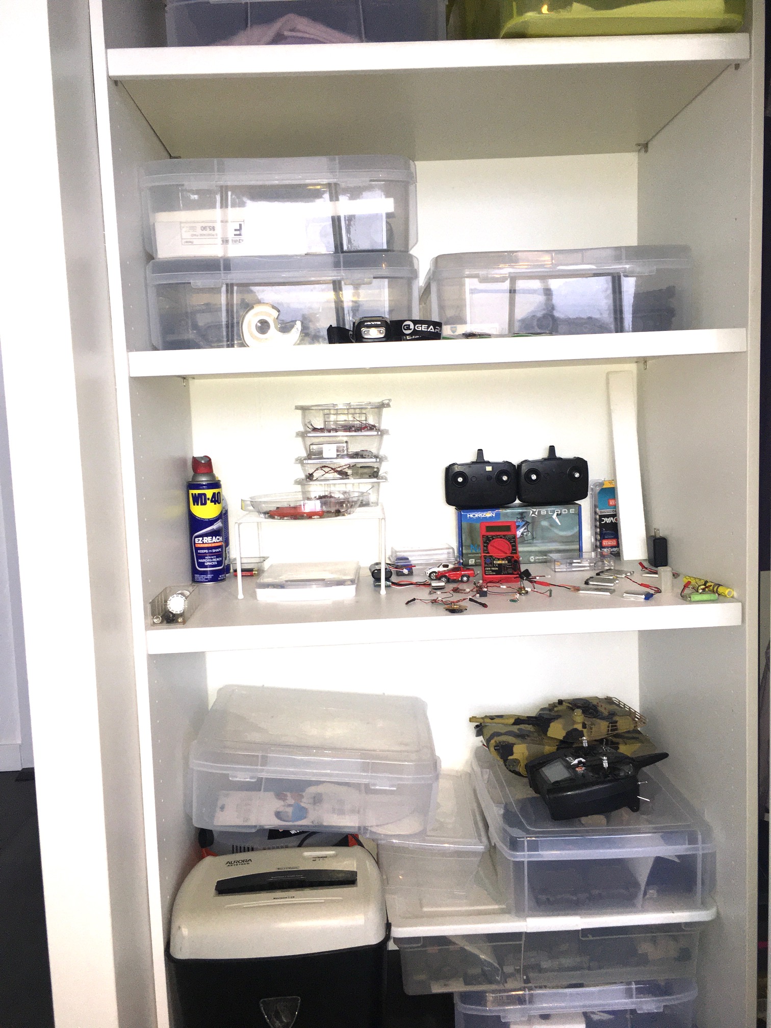 Work space in a closet. When the wife starts with the &quot;clutter&quot; noise, the door is closed to end the discussion.