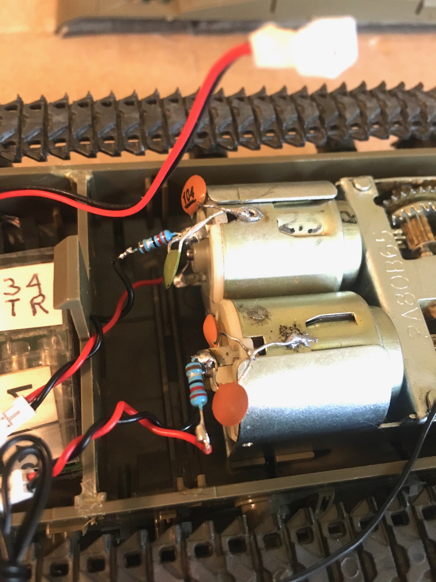 2.2 ohm resistor on each motor  tune these 2.5 ohm motors to 4.7 ohms and allow smoother operation at low speed.