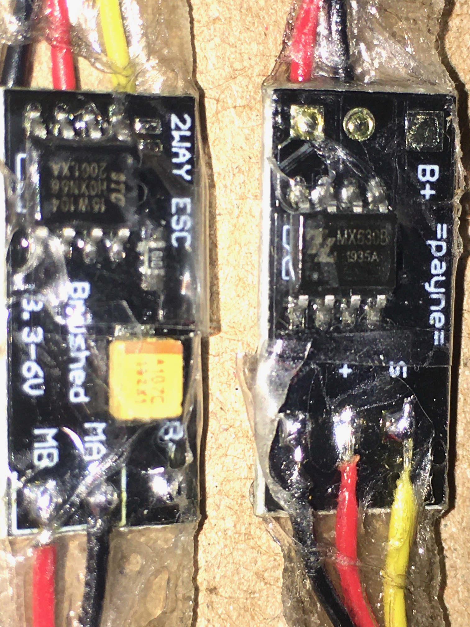 close up of the ESC's. These were ordered with out connectors.