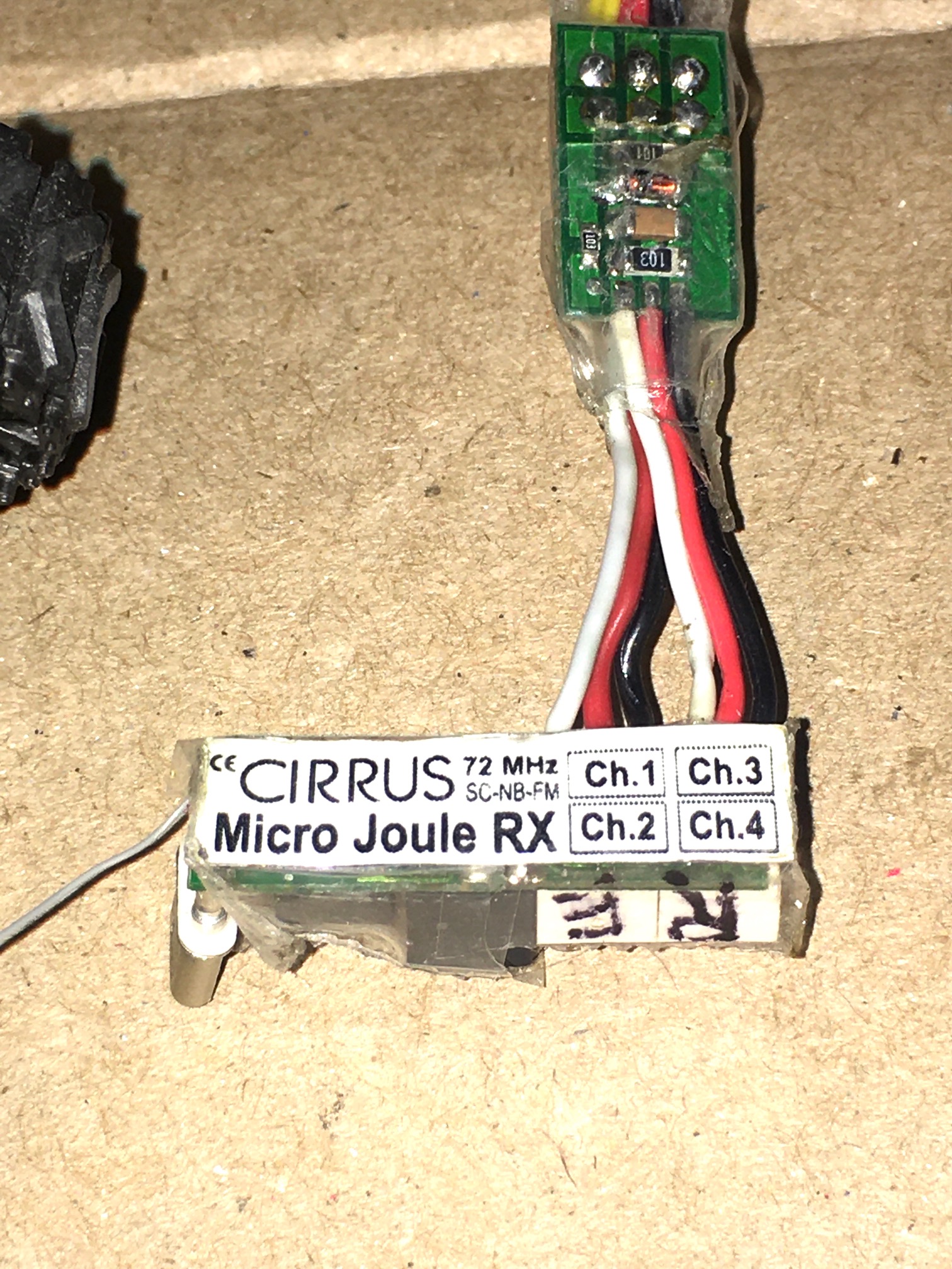 Micro Joule Rx with hard wired &quot;Tank mixer&quot; inputs. I eliminated connectors here at the mixer inputs so that Aileron stick movements are very accurate for excellent low speed track steering control