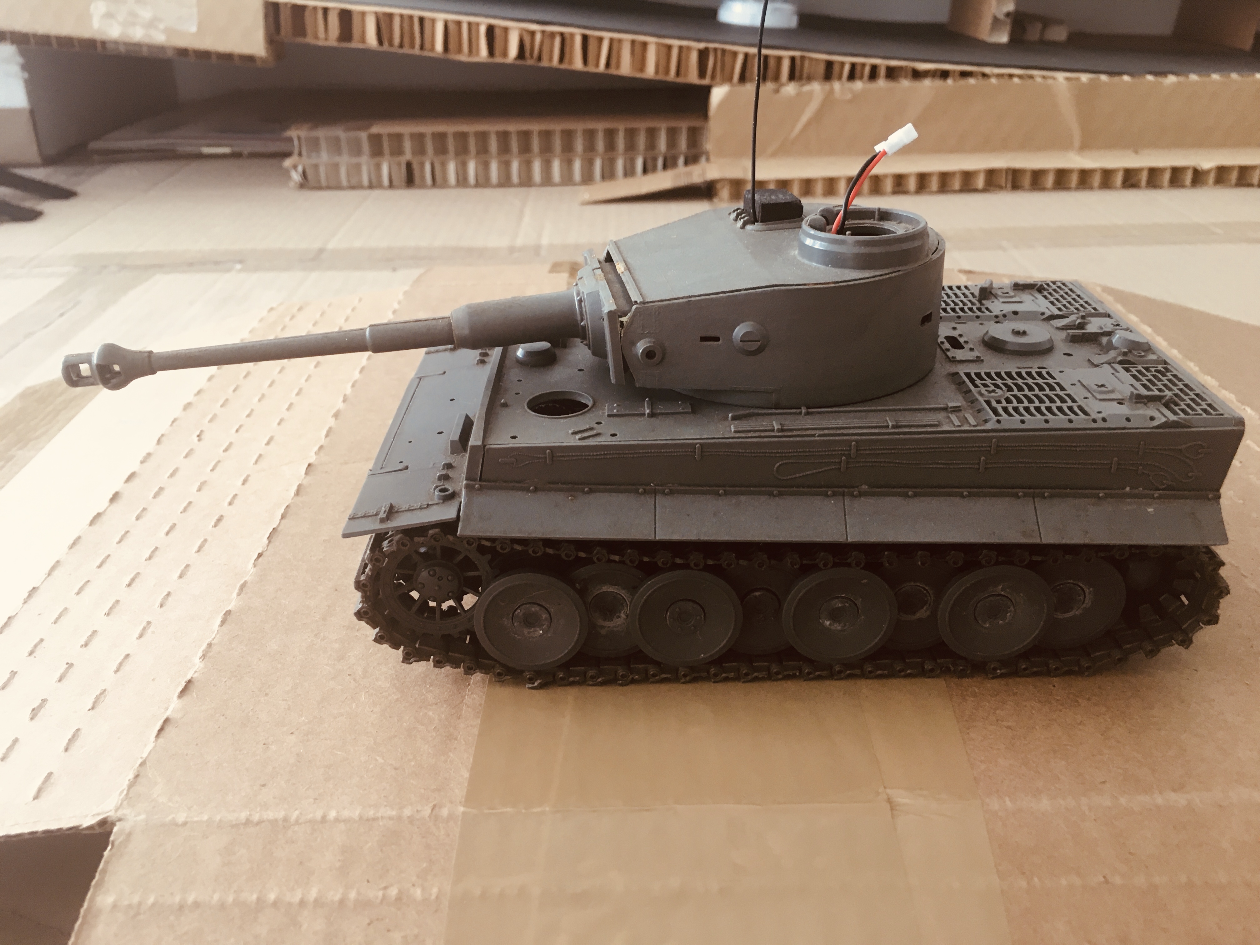 The Tracks went bad a long time ago and now have ITL tracks from a Tamiya 1/25 Centurion. I run it now and then. It grings the gears and sputters but still moves under its own power.