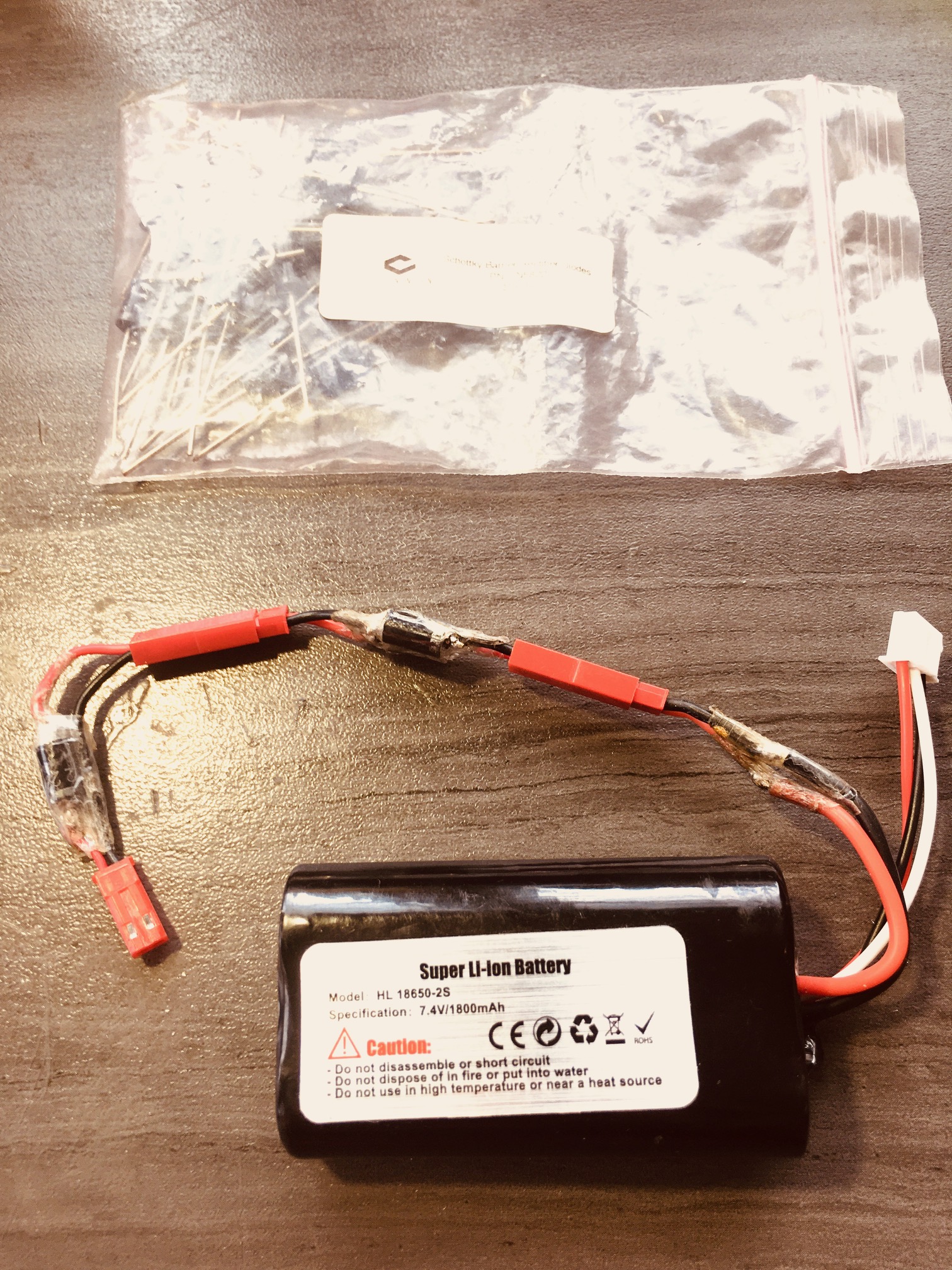 shown here configured as a 3 diode voltage drop pack with the stock 2s 1800mAh lipo.  Oh, the stock HL battery connector has been replaced with a JST connector.