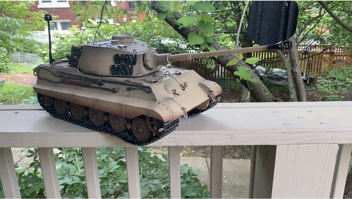 This is the most recent picture of my Tiger II. It has three ultra tiny cameras, the gunners sight, drivers periscope, and machine gunners periscope.