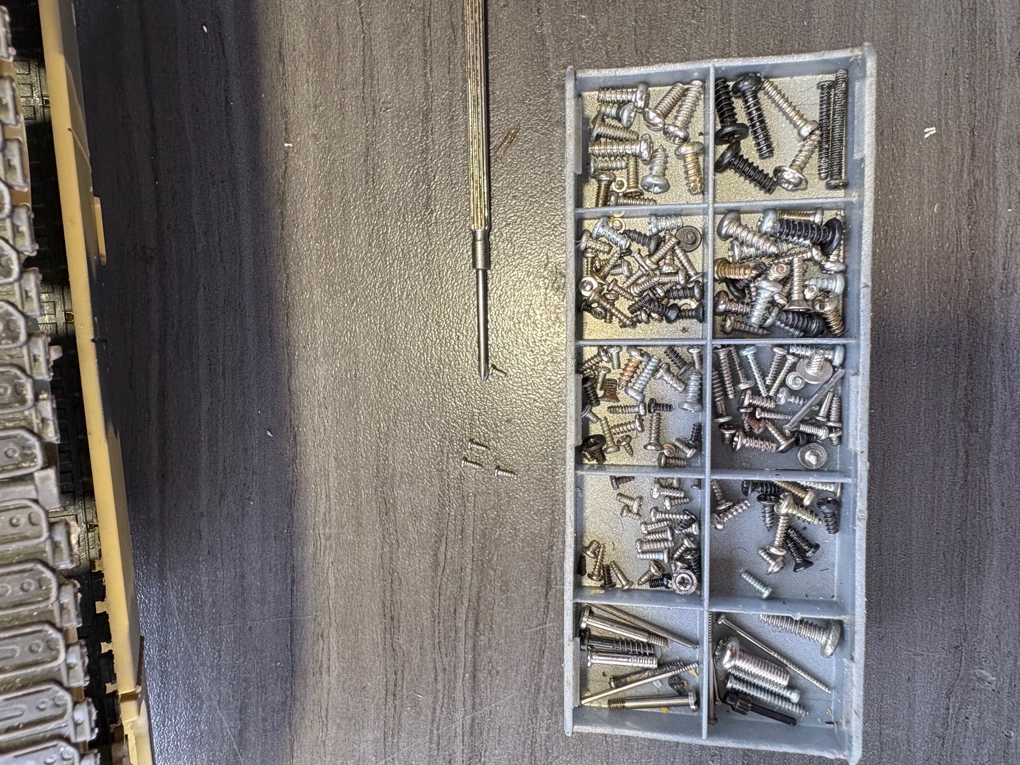 Took a while to select the proper screws from this storage bin.