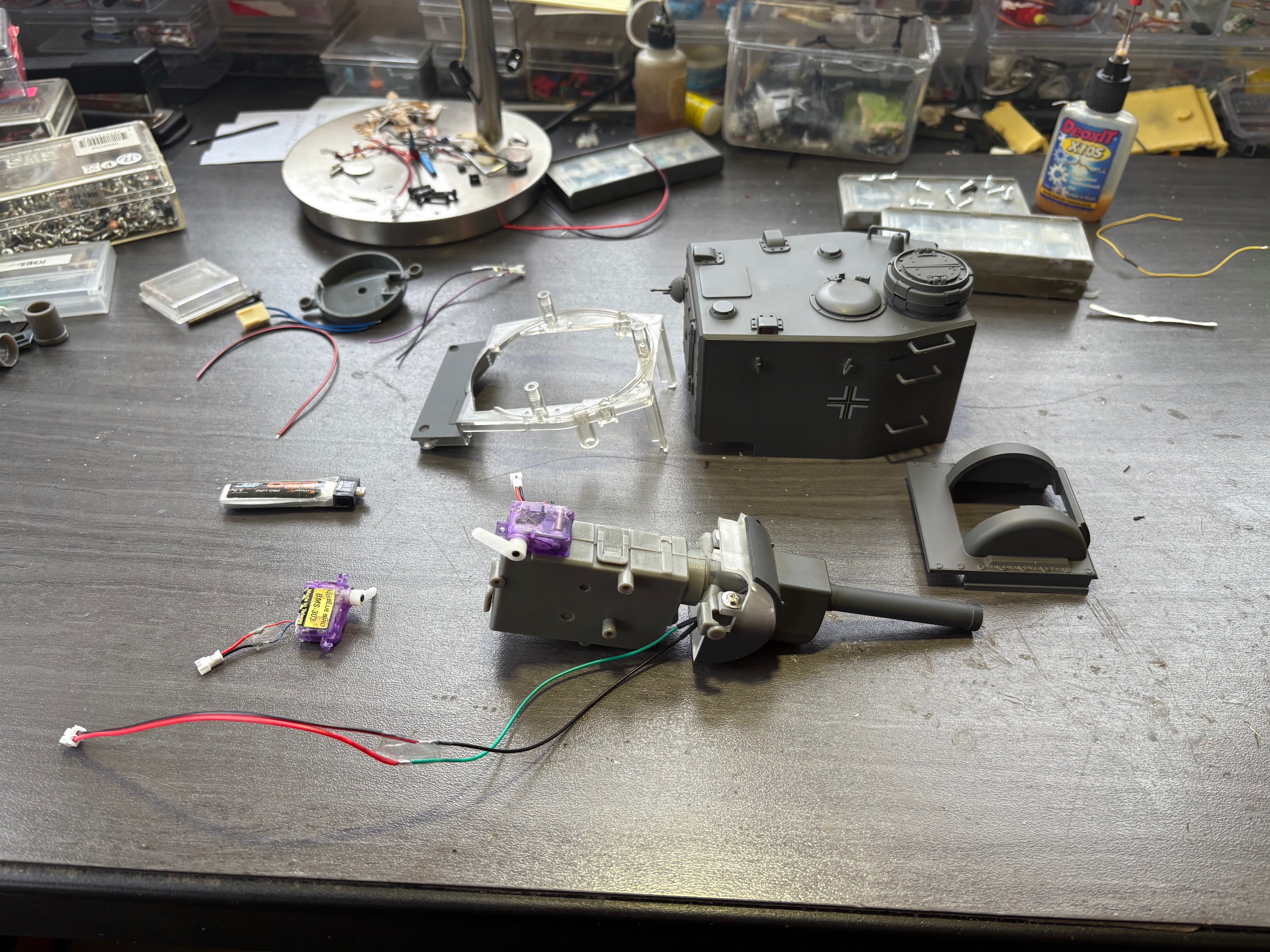 wired the machine gun LED in the turret. Still trying to work out how to move the main gun up\down and recoil the metal barrel.