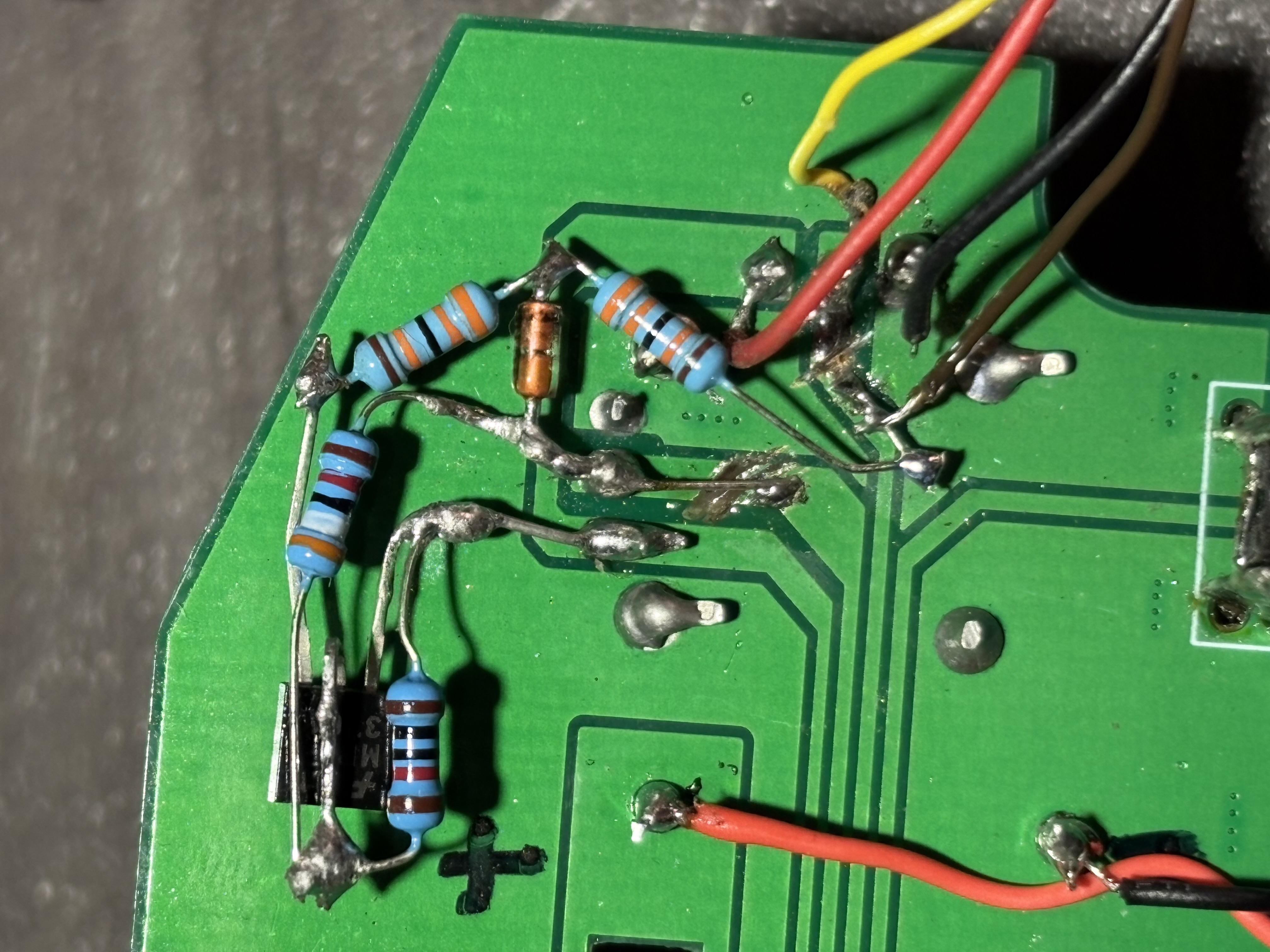 1 PNP transistor,4 resistors,1 diode added to the TX board ad the low speed, low power cruise mode to the Taigen transmitter. 2 SPST switches,3 resistors and some wiring make the function switchable with FWD\REV, ON\OFF.