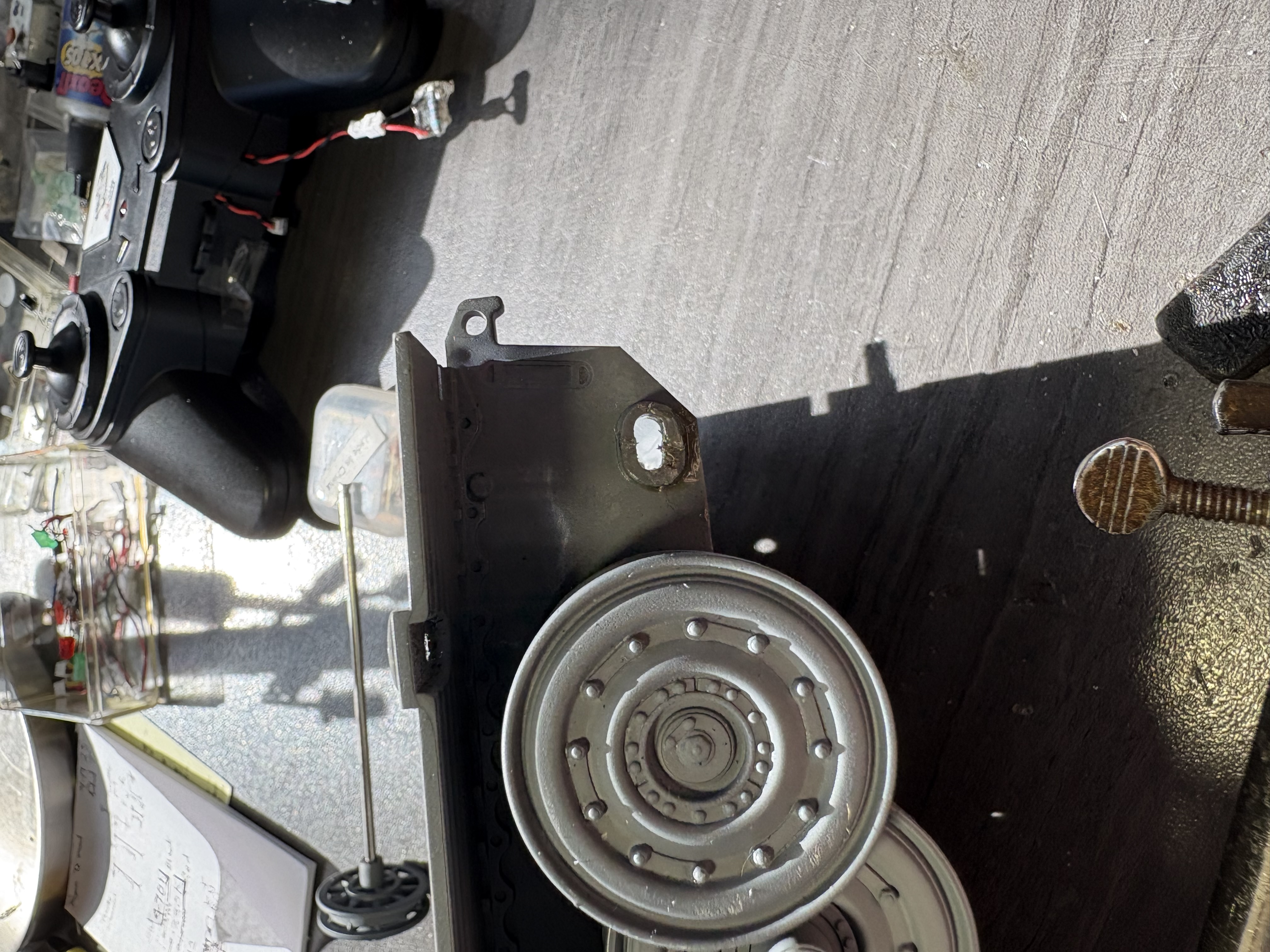 this area expanded for track slack. on the outside is is exactly where it needs to be and the correct amount that is with in the idler wheel axle boss. Later I will develop a simple adjustable track tensioner.