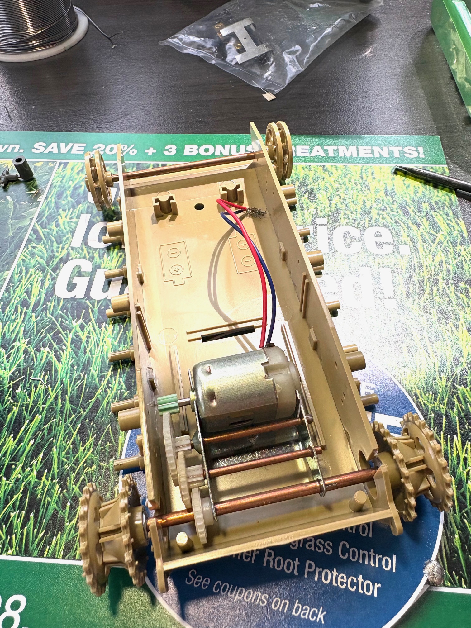 these motorized kits come with steel idler wheel axle and ready to use tracks sprockets for remote control. This saves alot of time when setting one up R\C.