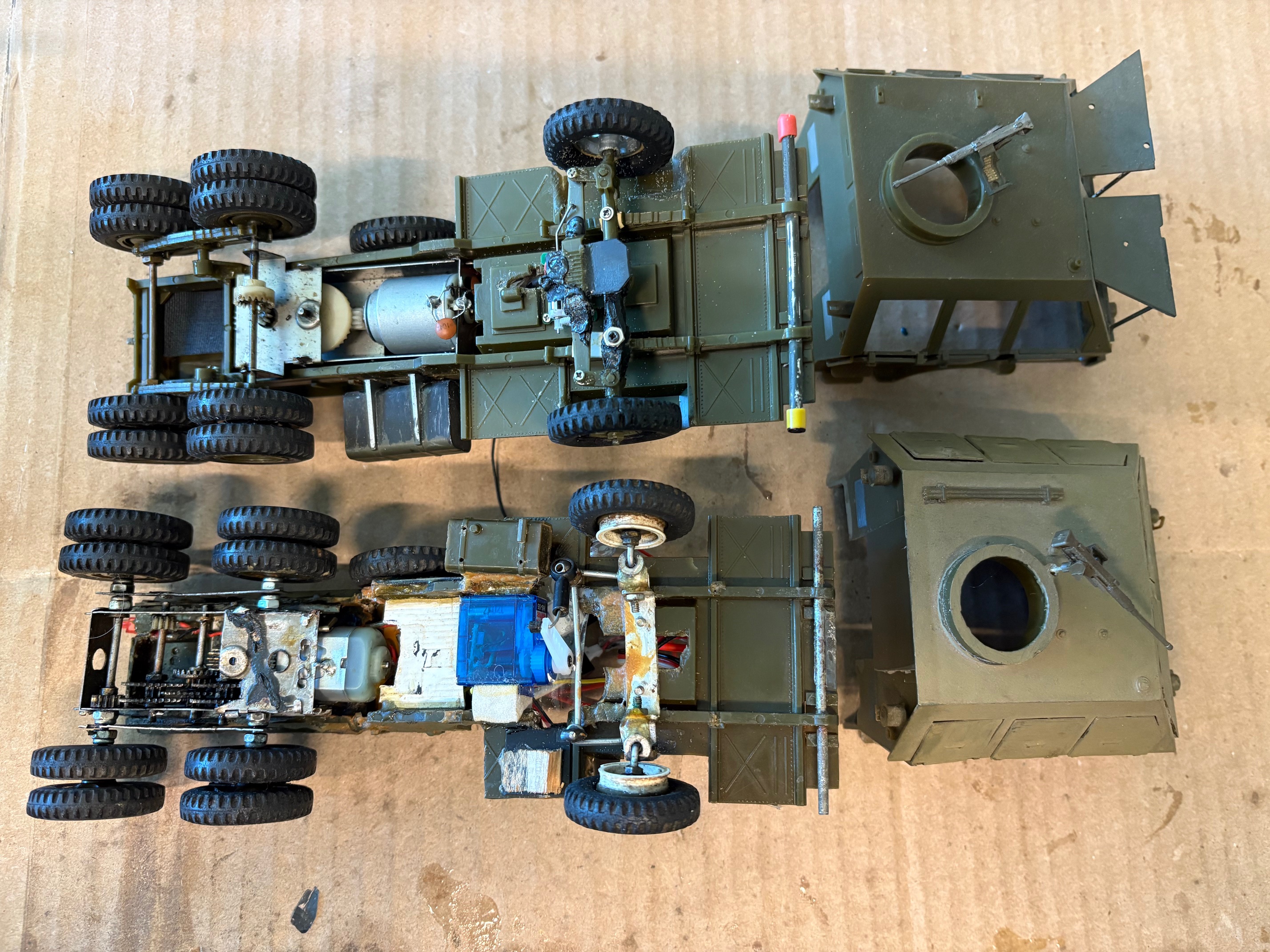 4WD chassis on left, 2WD chassis on right.