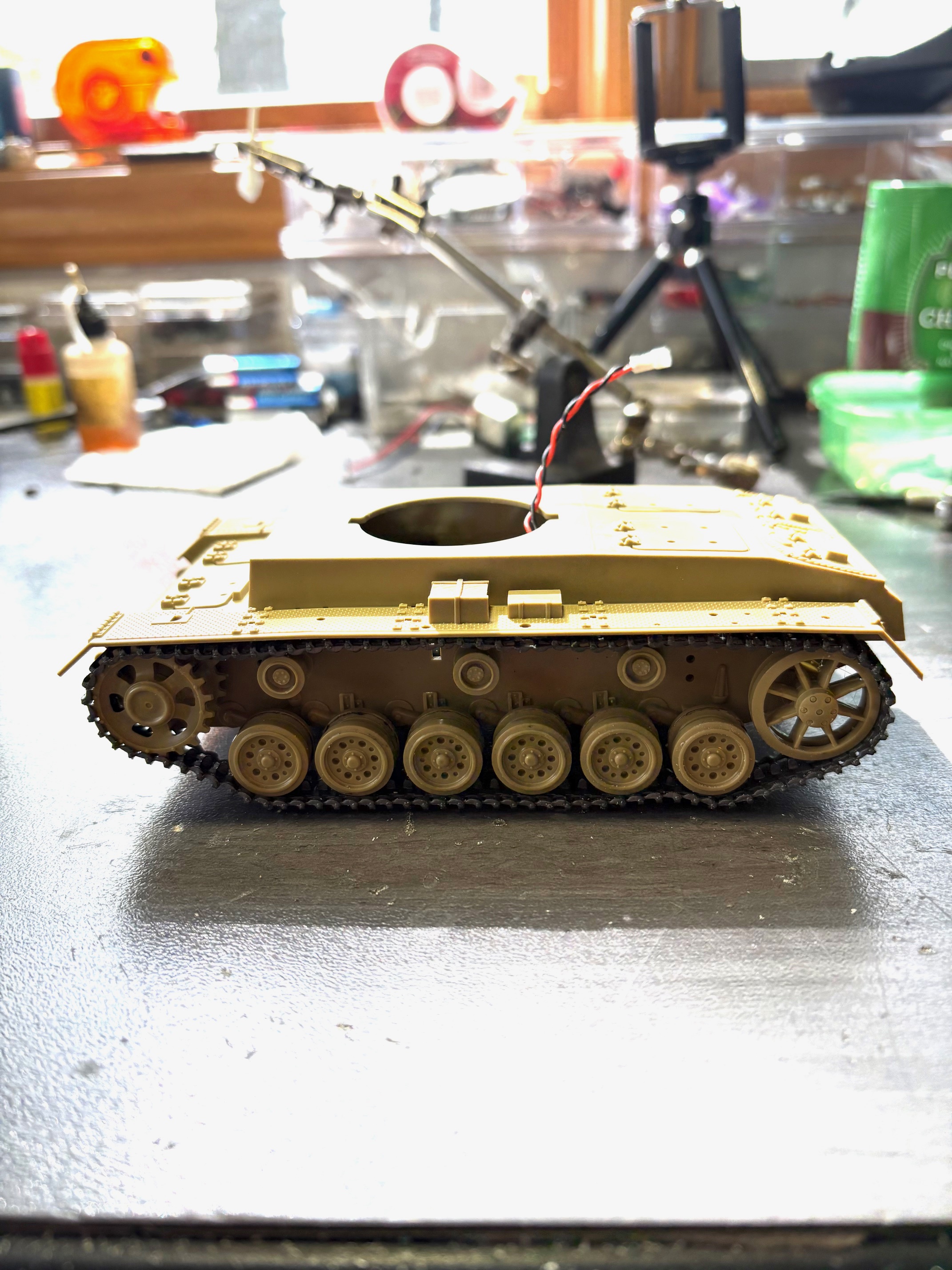 More testing now to make sure the tracks don't bind or rub anything on the upper hull. You can see some of that track deformity on the lower right track in this picture.