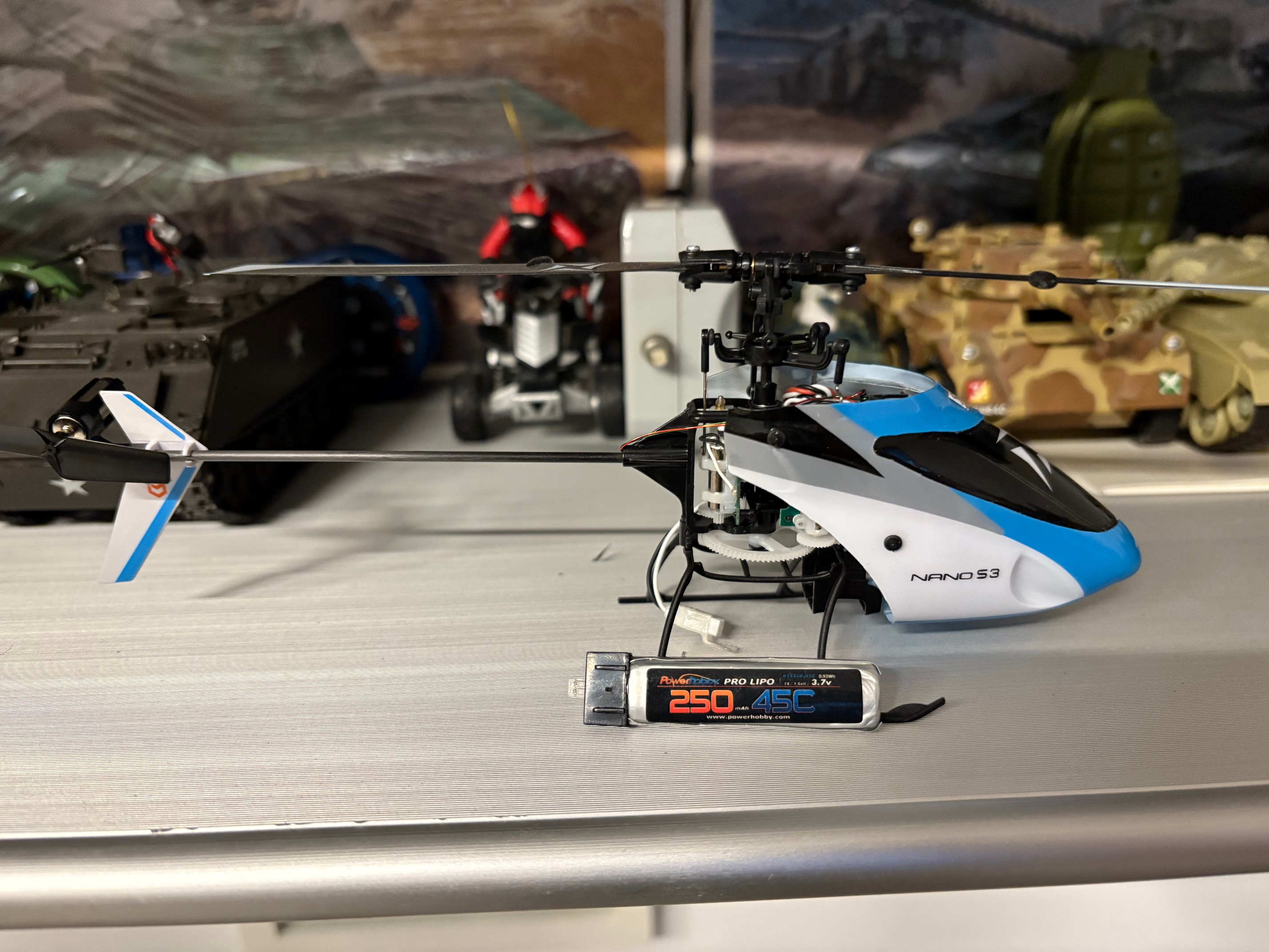 The batteries I am using come from a Nano S3 UM Heli.<br />The battery in this picture is fairly new and is very potent and will easily fly this Heli 7 minutes.