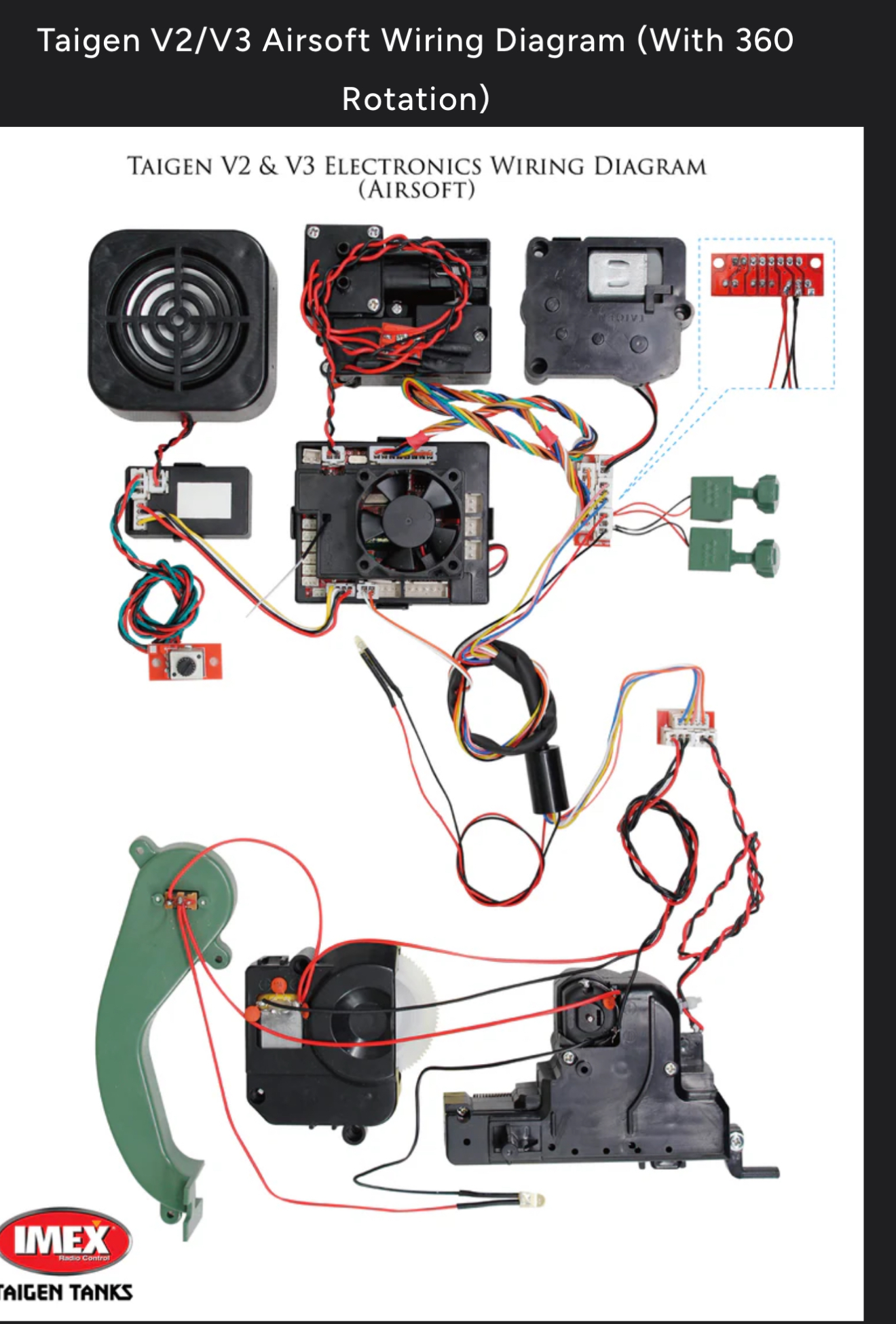 Airsoft wiring for Taigen. Here that first small red daughter board you would find in the turret. Notice that the limit switch connects to this, but it does not connect to the hull daughter board, it goes straight into the MFU. In this image the orange and white 2 pin JST plug is the limit switch plug, whereas in your model I think it is blue and green.