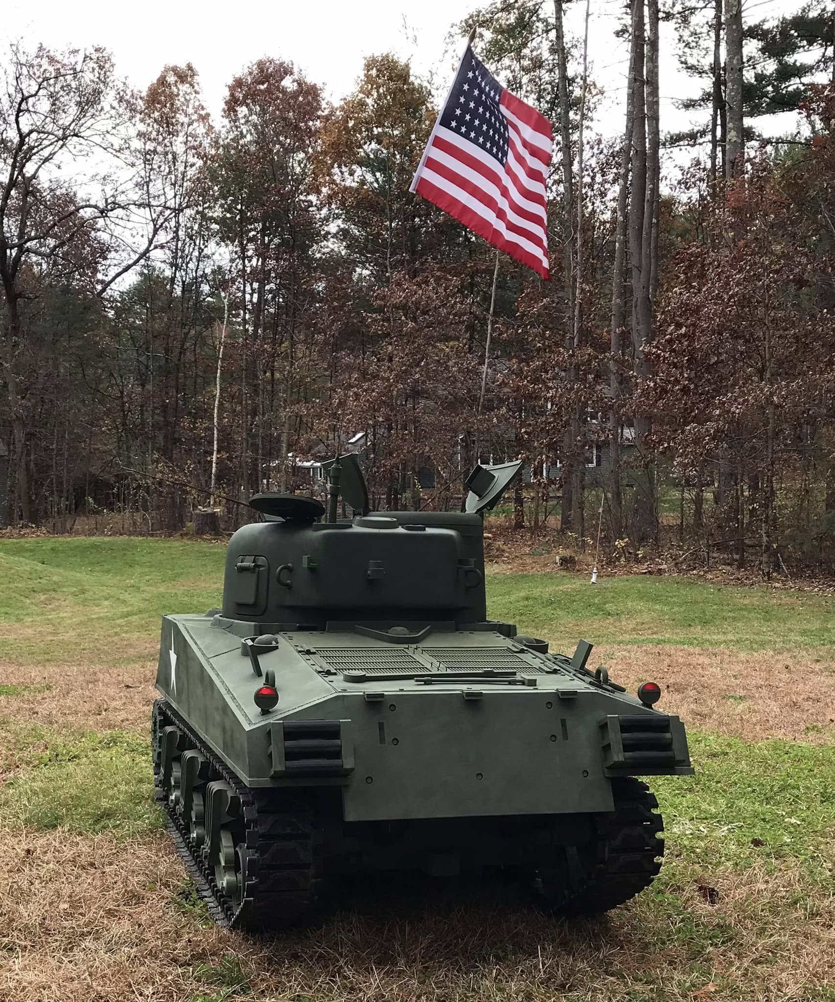 Rear view of the Sherman Tank with working taillights