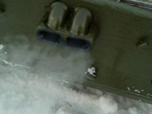 This one shows the smoke exiting the exhaust. Yes that is 15mm pipe elbows moulded into the twin outlets.