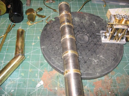 Thin wall smoke stack (plumbers U trap from Home good store) with brazed brass rings..