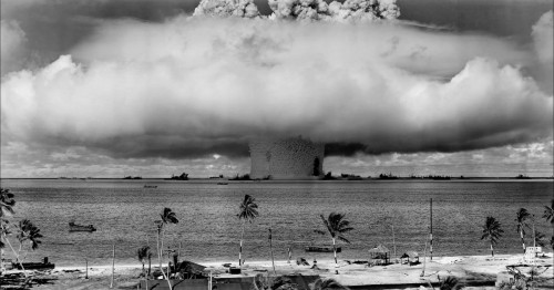 Bikini Island Atomic Test,battle ships being A-BOMBED.jpg