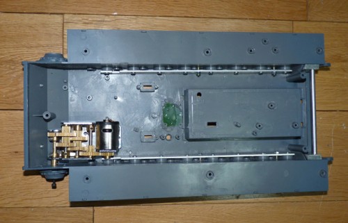 A view inside of the lower hull showing the metal reinforcing bars, one motor, etc fitted.