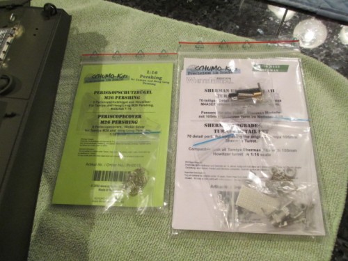 Periscope covers and Tamiya Sherman bow MG along with Pershing plastic hatch handles