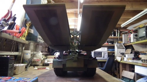 Ground level rear viewshowing extended range feul tank and tow cables