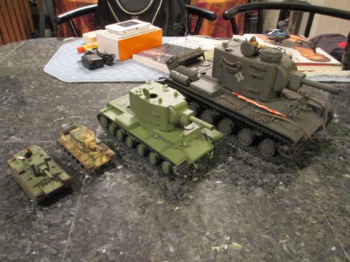 Left to right Bomber Green weathered, German Tr-Tone weathered, Protective Green non weathered and German Panzer Grey weathered
