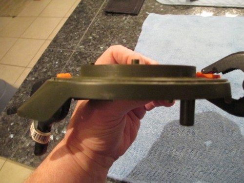 A perfect fit achieved by putting the upper piece back on the turret then laying a line of glue on the flat bottom and lining it up using the mounting posts.