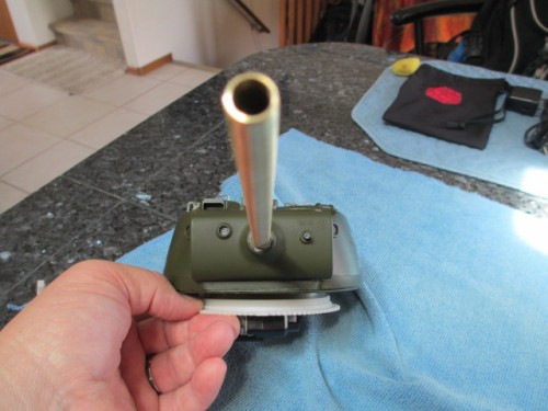 Turret reassembled with new barrel and airgun mechanism and .30 cal mg installed and drilled.  Also a clear rubber disk was installed behind the original LED mount.
