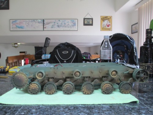 The problem.  Hull is visibly down at the rear due to weak suspension for such a heavy tank