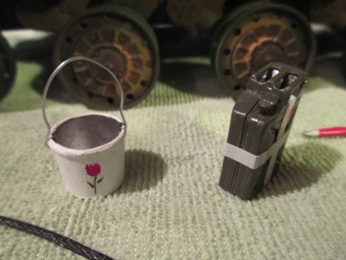 Hand painted bucket and trans. white. taped water can