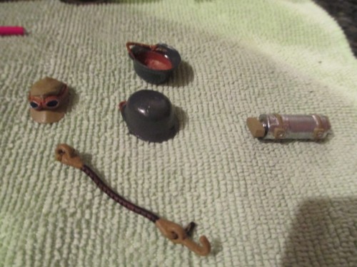 Painted Taigen hatch hook and cable and another view of the metal helmets and cap