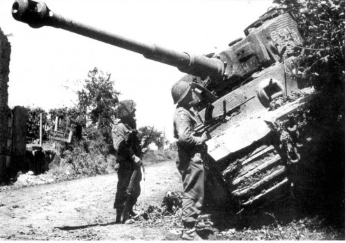 Front view of Tiger 334 abandoned at Rauray, Normandy  June 27, 1944.jpg