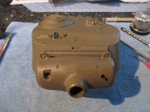 Gel glue is cured and the Tamiya mantlet is ready for the barrel.