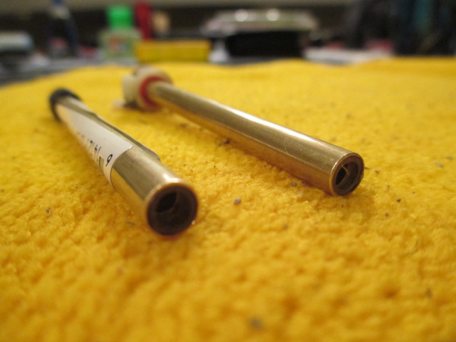 To bring the flash closer to the muzzle this time, I cut the crown liner piece down to 1 32 on the new barrel.