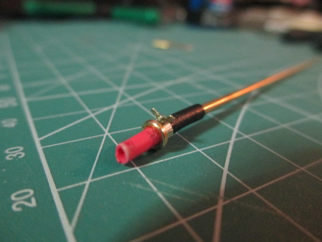 Assembled aerial.  I used a longer strip of brass and a spare ABER wingnut since the circumference of the flexible shaft was larger than the brass ABER connector shaft.