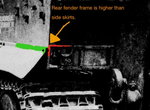Remember kids, not all rear fender frames line up exactly on the same plane as the side skirts. In this case you can see the variation between the two positions. :)