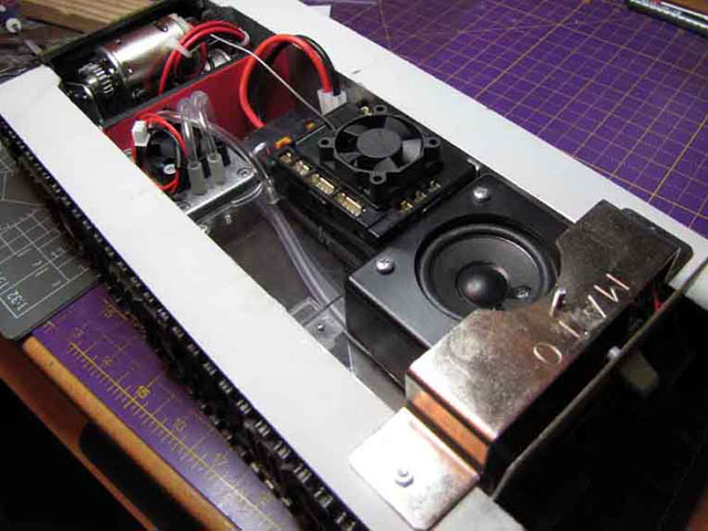 Here I have used a boxed Visaton FRS5 from RCTanks but there is ample space for a larger box and speaker if I decide it is needed (I don't think it will be). In the following picture is everything back in place, the Taigen unit is just to check fit, etc, as I am still waiting on my upgraded TK24 which Clark assures me is winging it way back to me soon