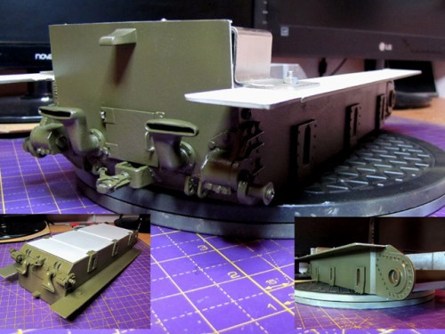 The next step was to paint the lower hull tub. For this, as for the rest of the tank, I used first a coat of Mr Hobby metal primer followed by Vallejo grey surface primer, and top coats of Mig Ammo dark base and base olive drab. I finished this (for now) with light coats of Vallejo satin vanish (these pictures taken under florescent/tungsten are showing the colour lighter/different than it is - I'll hopefully get better ones later)