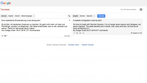 Die Welt extract in Google  Translator.