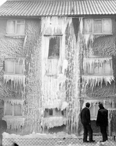 Block of flats in Birmingham in 1963- during the Big Freeze.