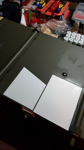 Plated external grill cover and beginnings of crew escape hatch.  My covers are slightly different from Mr. Steinbrunns.  I want the original cover usable