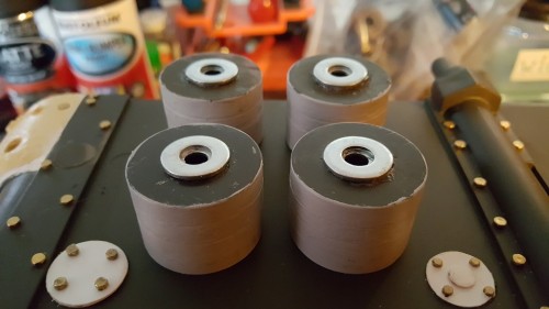 The non-static type return rollers that were made up required an external spacer.  24hr epoxy was used again to mount the internal and external steel spacers