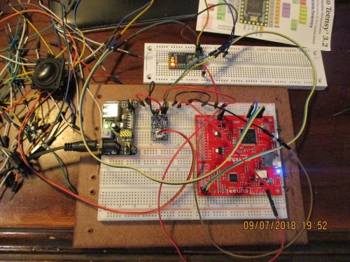 Teensy 3.2 on top, Tsunami RED board,  3 watt amp little blue board, yellow wire serial Tx -Rx