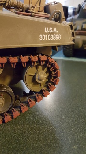 Modified idler wheel mounted combining the HL wheels correct appearance with the correct width of the MATO wheel on the tracks