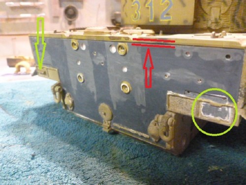 Green arrow is correct location convoy light, circled light has been removed . Red lines show incorrect gap on hull/engine deck