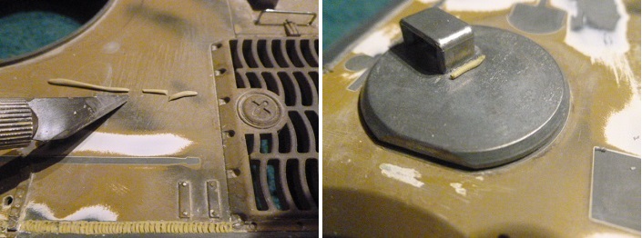Milliput rolled thin and added as weld lines with impression made with watchmakers screwdriver