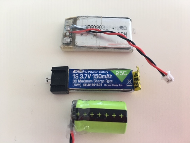 Lithium ION on the bottom is very small and light-weight and is used in some newer RRC toys designed today as it allows shipping of Lithium batteries as they are very safe to ship with the metal jacket and other features that keep them from catching fire when short circuited.